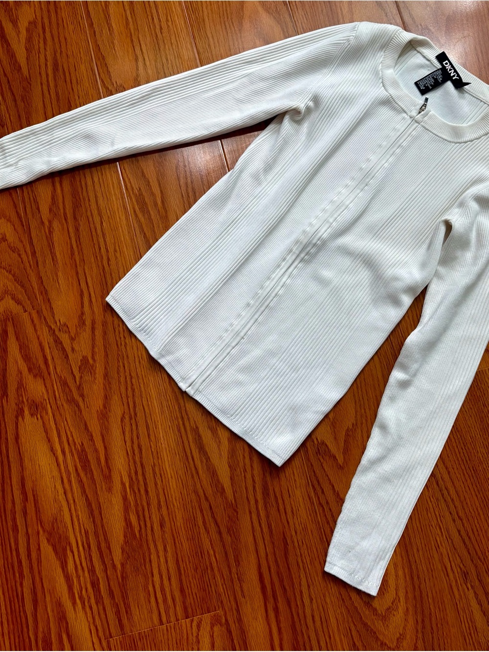 DKNY Women’s White Ribbed Zip-Front Knit Top Size S